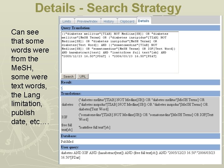 Details - Search Strategy Can see that some words were from the Me. SH,