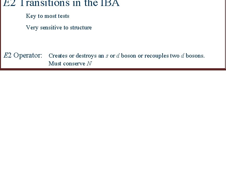 E 2 Transitions in the IBA Key to most tests Very sensitive to structure