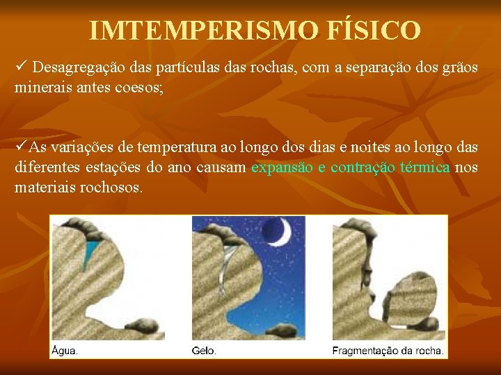 IMTEMPERISMO FÍSICO ü Desagregação das partículas das rochas, com a separação dos grãos minerais