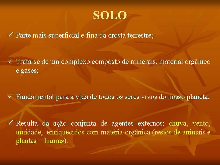 SOLO ü Parte mais superficial e fina da crosta terrestre; ü Trata-se de um