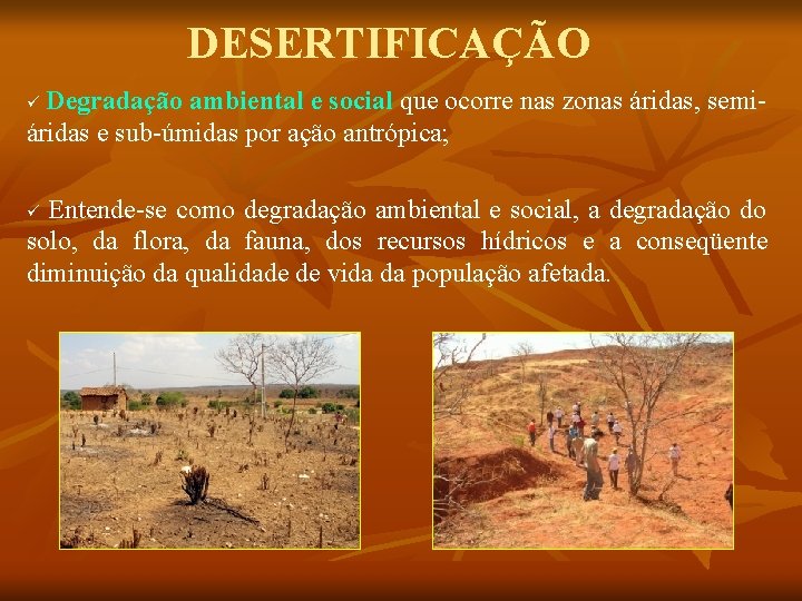 DESERTIFICAÇÃO Degradação ambiental e social que ocorre nas zonas áridas, semiáridas e sub-úmidas por