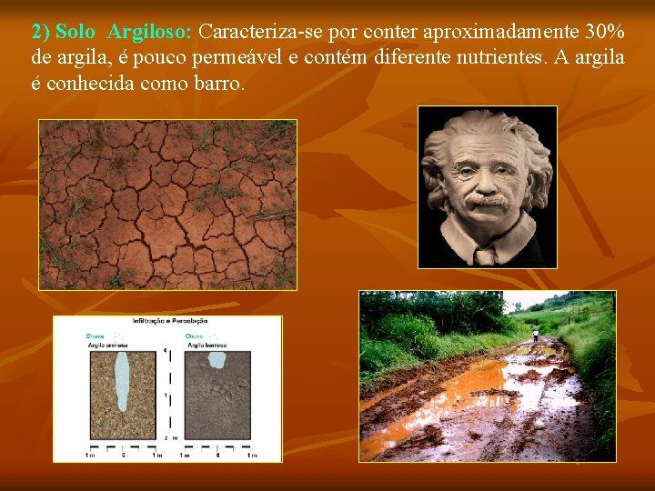 2) Solo Argiloso: Caracteriza-se por conter aproximadamente 30% de argila, é pouco permeável e