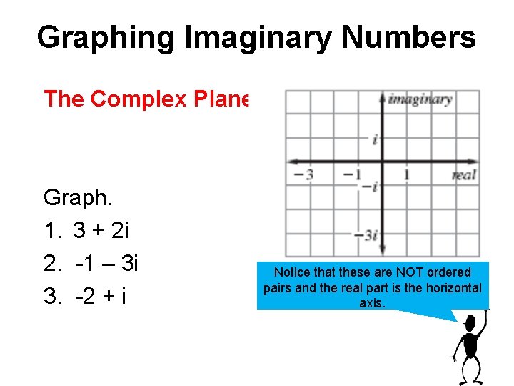Graphing Imaginary Numbers The Complex Plane Graph. 1. 3 + 2 i 2. -1