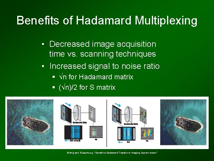 Benefits of Hadamard Multiplexing • Decreased image acquisition time vs. scanning techniques • Increased