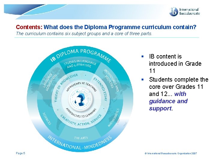 Contents: What does the Diploma Programme curriculum contain? The curriculum contains six subject groups