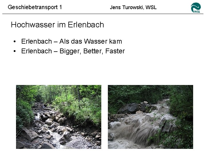 Geschiebetransport 1 Jens Turowski, WSL Hochwasser im Erlenbach • Erlenbach – Als das Wasser