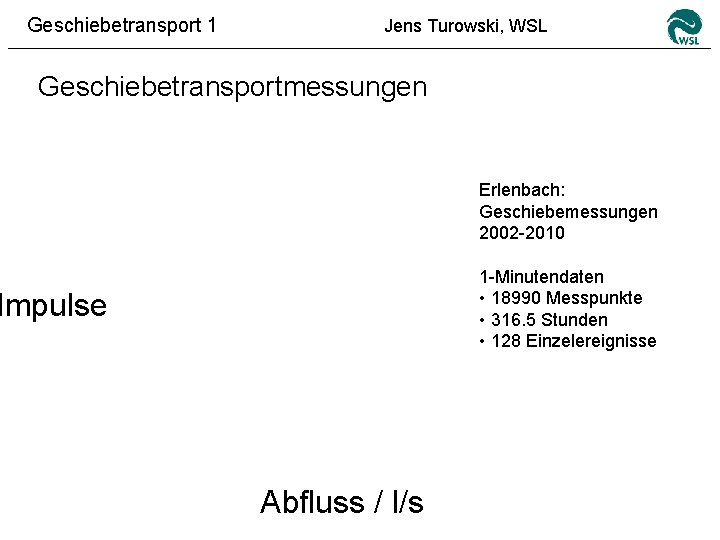 Geschiebetransport 1 Jens Turowski, WSL Geschiebetransportmessungen Erlenbach: Geschiebemessungen 2002 -2010 1 -Minutendaten • 18990