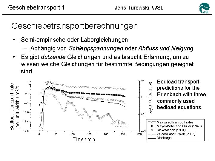 Geschiebetransport 1 Jens Turowski, WSL Geschiebetransportberechnungen • Semi-empirische oder Laborgleichungen – Abhängig von Schleppspannungen