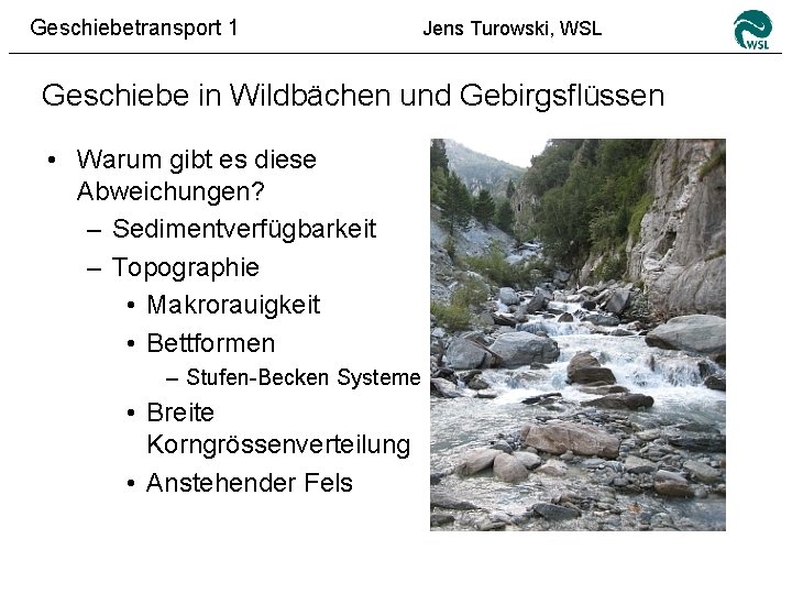 Geschiebetransport 1 Jens Turowski, WSL Geschiebe in Wildbächen und Gebirgsflüssen • Warum gibt es