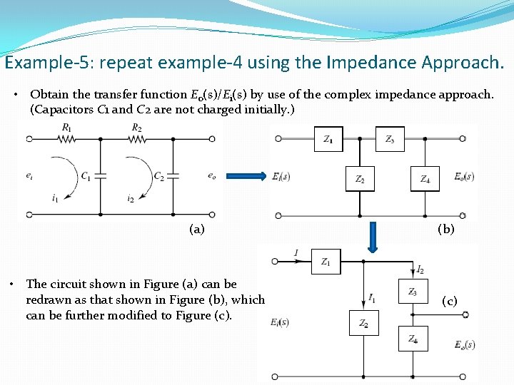 Example-5: repeat example-4 using the Impedance Approach. • Obtain the transfer function Eo(s)/Ei(s) by