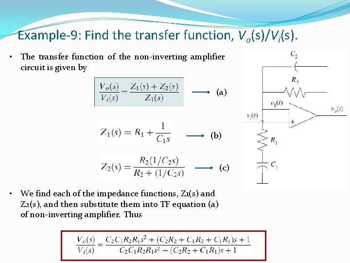 Example-9: Find the transfer function, Vo(s)/Vi(s). • The transfer function of the non-inverting amplifier