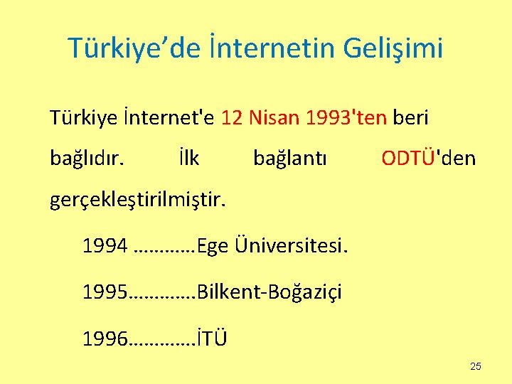 Türkiye’de İnternetin Gelişimi Türkiye İnternet'e 12 Nisan 1993'ten beri bağlıdır. İlk bağlantı ODTÜ'den gerçekleştirilmiştir.