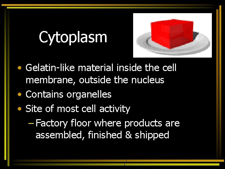 Cytoplasm • Gelatin-like material inside the cell membrane, outside the nucleus • Contains organelles
