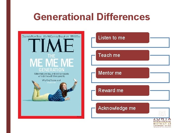 Generational Differences Listen to me Teach me Mentor me Reward me Acknowledge me 