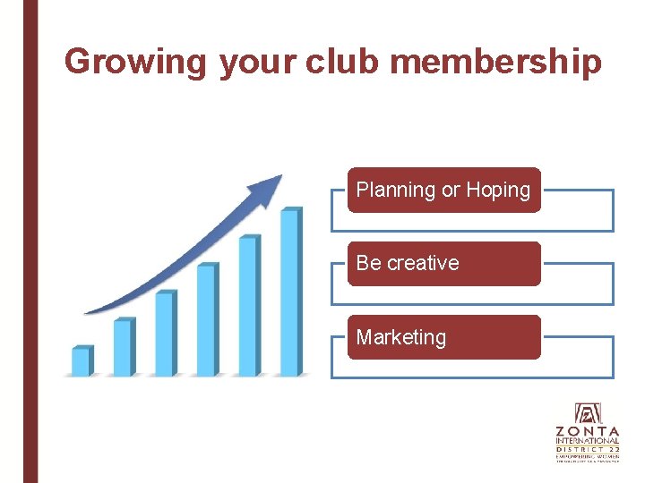 Growing your club membership Planning or Hoping Be creative Marketing 