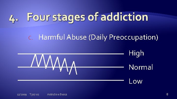 4. Four stages of addiction C. Harmful Abuse (Daily Preoccupation) High Normal Low 12/2009