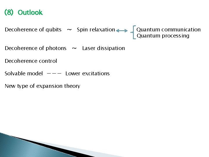 (8) Outlook Decoherence of qubits ～ Spin relaxation Decoherence of photons ～ Laser dissipation