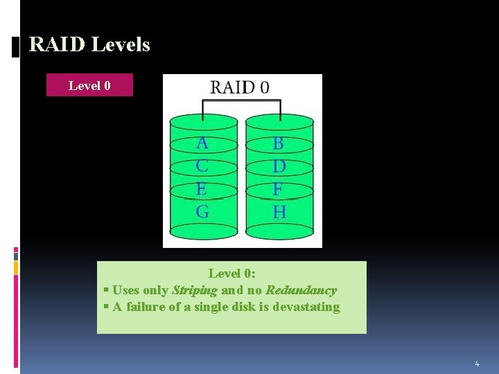 RAID Levels Level 0: § Uses only Striping and no Redundancy § A failure
