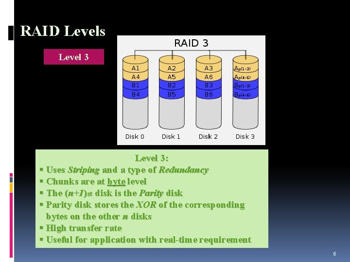 RAID Levels Level 3: § Uses Striping and a type of Redundancy § Chunks