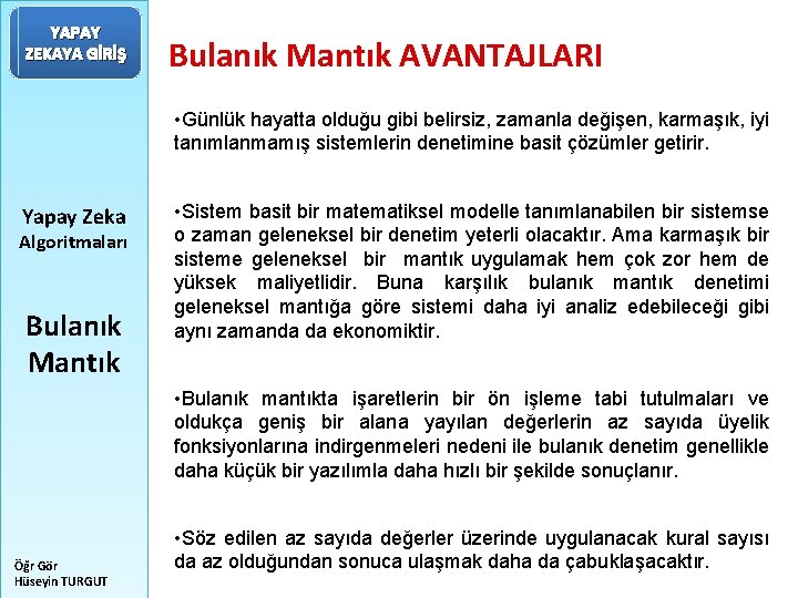 YAPAY ZEKAYA GİRİŞ Bulanık Mantık AVANTAJLARI • Günlük hayatta olduğu gibi belirsiz, zamanla değişen,