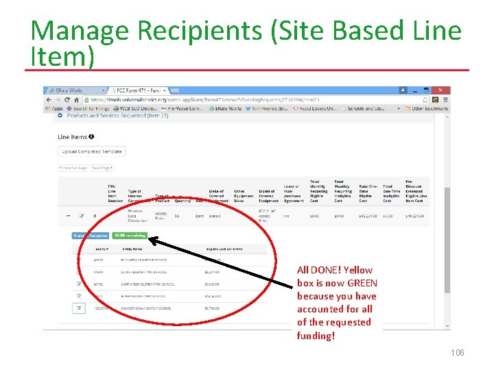 Manage Recipients (Site Based Line Item) All DONE! Yellow box is now GREEN because