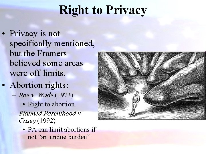 Right to Privacy • Privacy is not specifically mentioned, but the Framers believed some