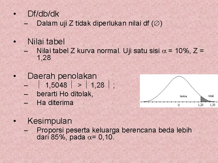  • Df/db/dk – • Nilai tabel Z kurva normal. Uji satu sisi =