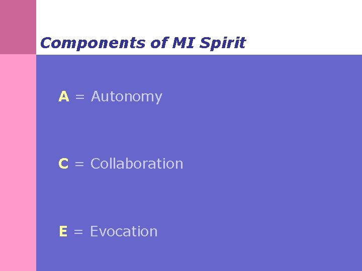 Components of MI Spirit A = Autonomy C = Collaboration E = Evocation 