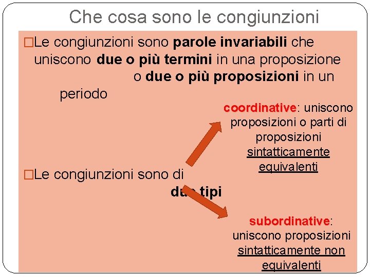 Che cosa sono le congiunzioni �Le congiunzioni sono parole invariabili che uniscono due o