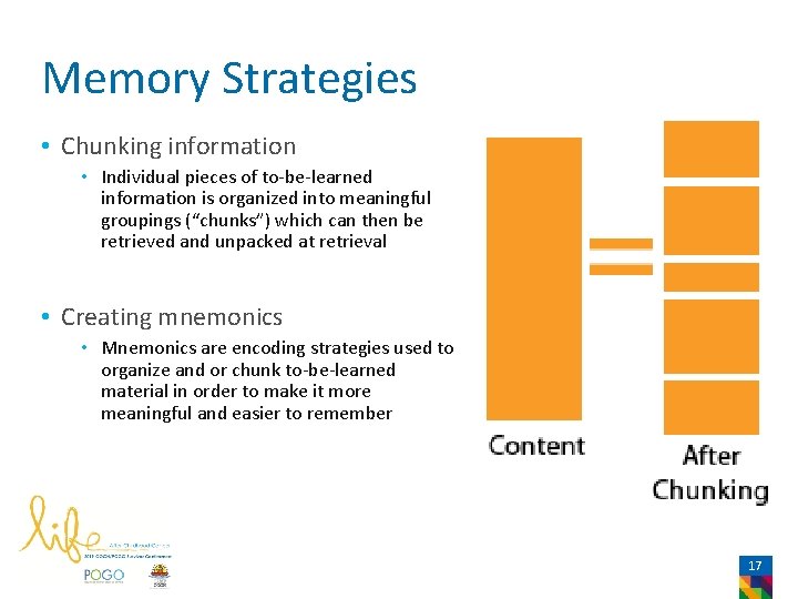 Memory Strategies • Chunking information • Individual pieces of to-be-learned information is organized into
