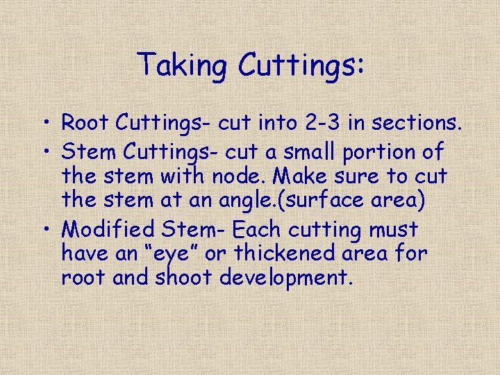 Taking Cuttings: • Root Cuttings- cut into 2 -3 in sections. • Stem Cuttings-