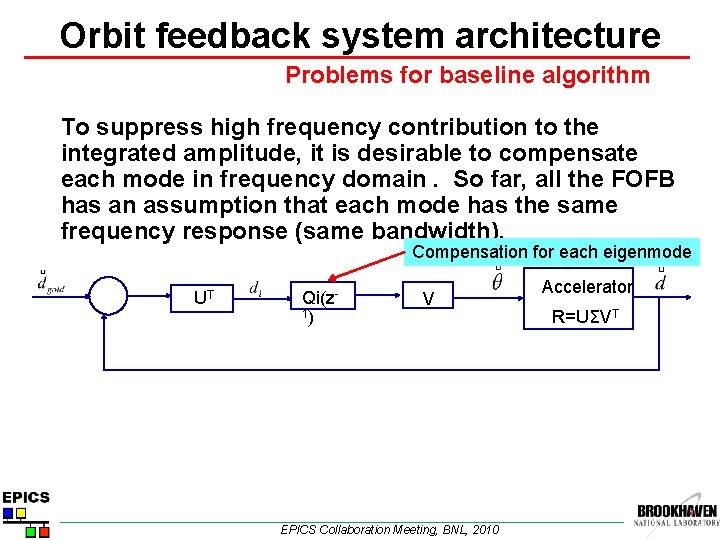 Orbit feedback system architecture Problems for baseline algorithm To suppress high frequency contribution to