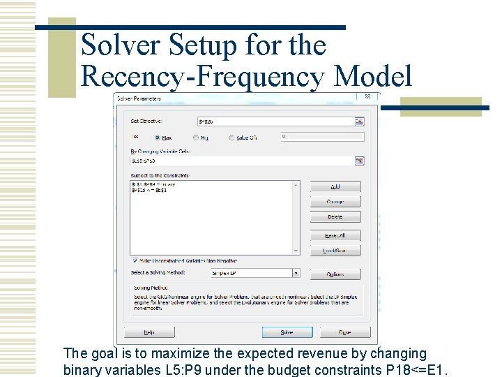 Solver Setup for the Recency-Frequency Model The goal is to maximize the expected revenue
