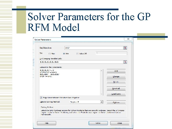 Solver Parameters for the GP RFM Model 