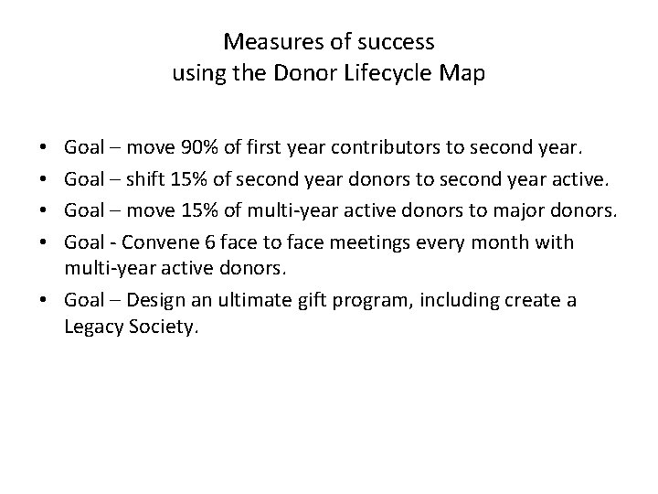 Measures of success using the Donor Lifecycle Map Goal – move 90% of first
