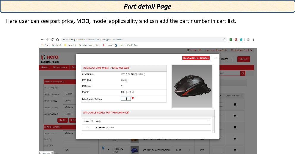 Part detail Page Here user can see part price, MOQ, model applicability and can