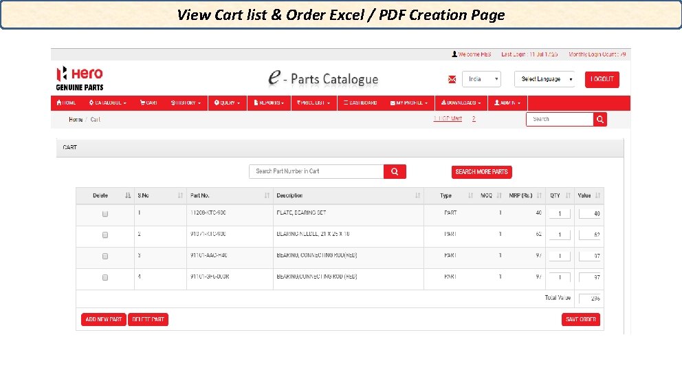 View Cart list & Order Excel / PDF Creation Page 
