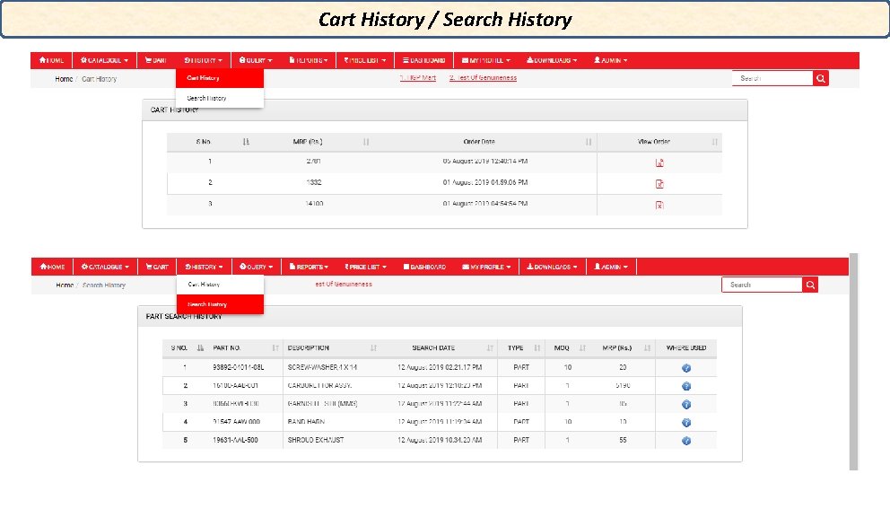 Cart History / Search History 