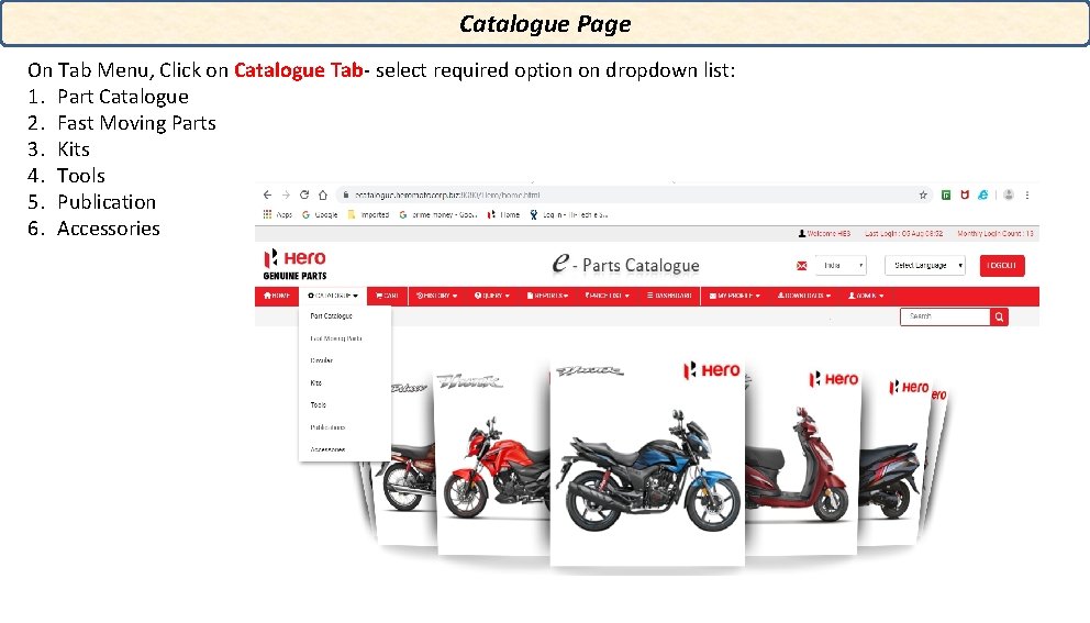 Catalogue Page On Tab Menu, Click on Catalogue Tab- select required option on dropdown