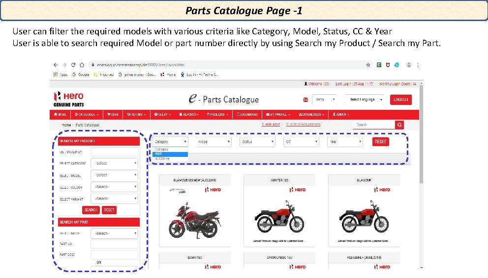 Parts Catalogue Page -1 User can filter the required models with various criteria like