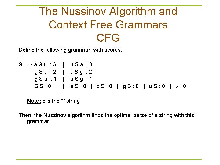 The Nussinov Algorithm and Context Free Grammars CFG Define the following grammar, with scores: