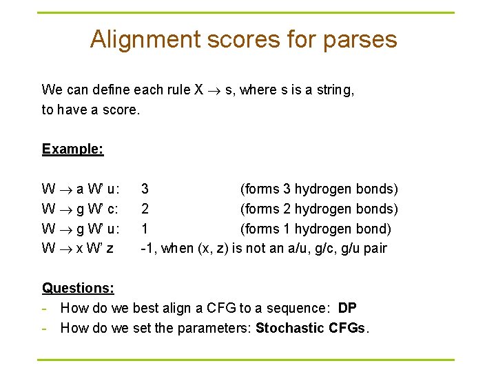 Alignment scores for parses We can define each rule X s, where s is
