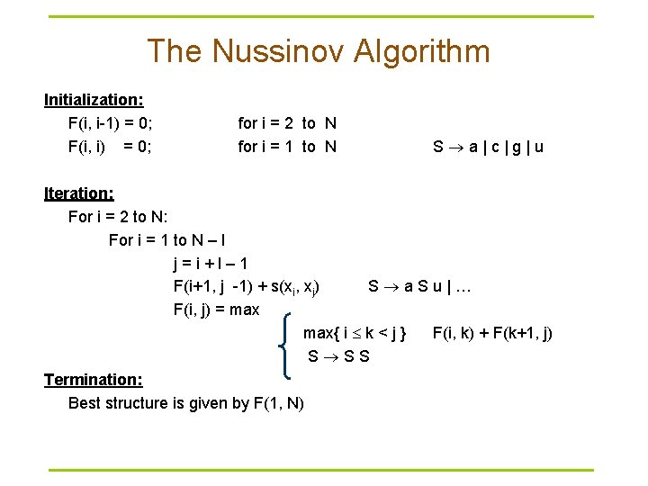 The Nussinov Algorithm Initialization: F(i, i-1) = 0; F(i, i) = 0; for i