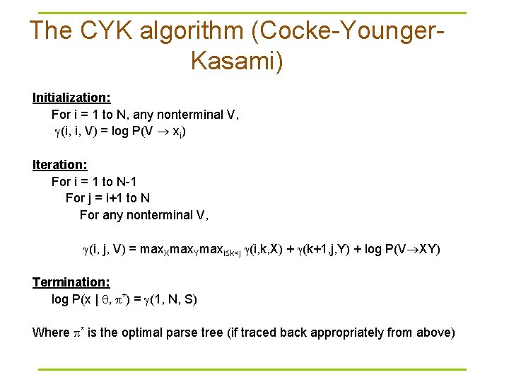 The CYK algorithm (Cocke-Younger. Kasami) Initialization: For i = 1 to N, any nonterminal