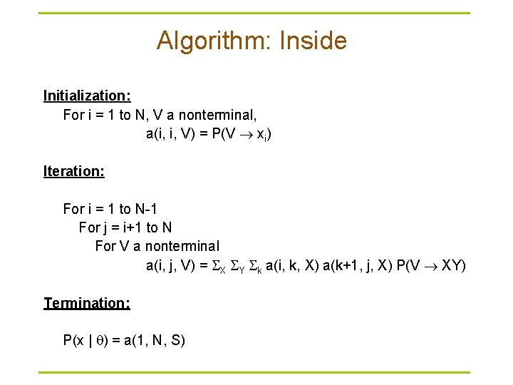 Algorithm: Inside Initialization: For i = 1 to N, V a nonterminal, a(i, i,