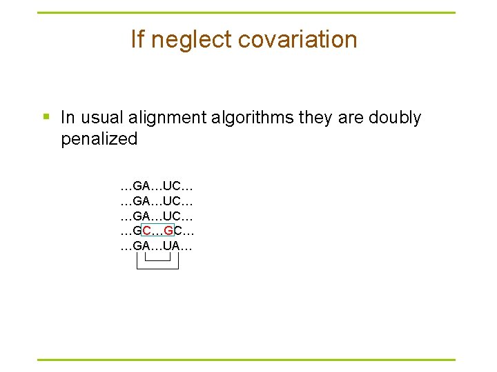If neglect covariation § In usual alignment algorithms they are doubly penalized …GA…UC… …GC…GC…