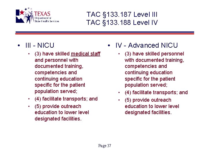 TAC § 133. 187 Level III TAC § 133. 188 Level IV • III