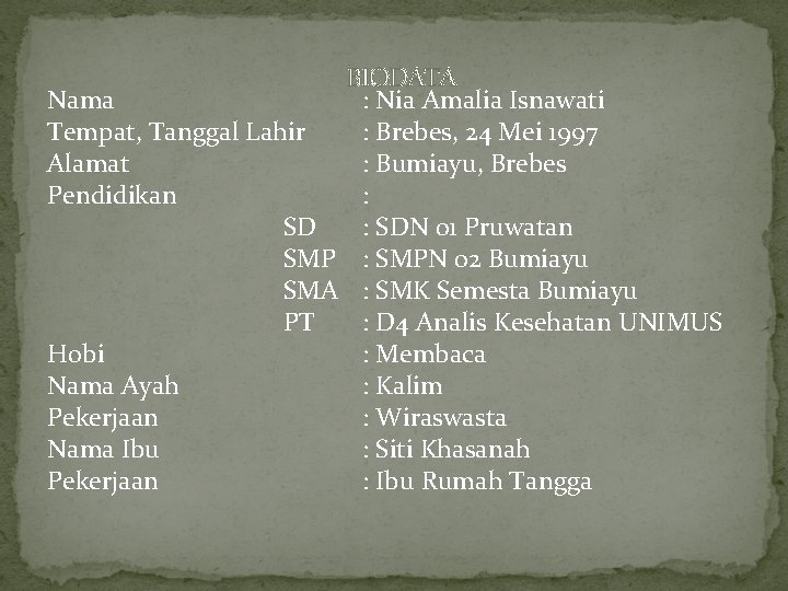 BIODATA Nama : Nia Amalia Isnawati Tempat, Tanggal Lahir : Brebes, 24 Mei 1997