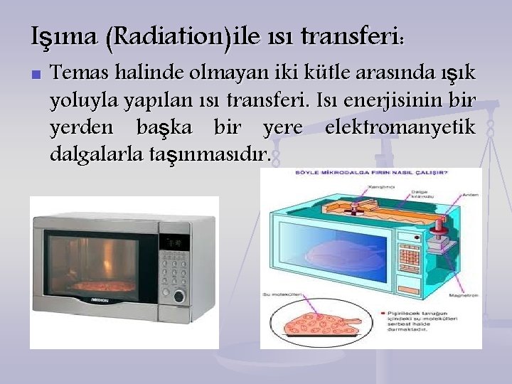 Işıma (Radiation)ile ısı transferi: n Temas halinde olmayan iki kütle arasında ışık yoluyla yapılan