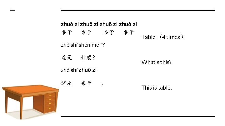 zhuō zi 桌子 桌子 Table （4 times ） zhè shì shén me ？ 這是